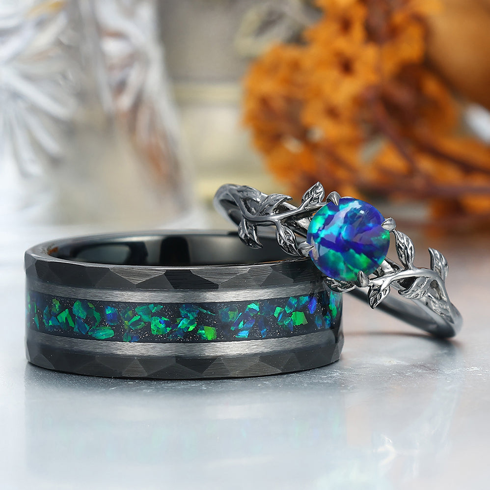 Leaf Design Peacock Green Opal Engagement Couples Ring Set S925 And Hammered Tungsten Ring