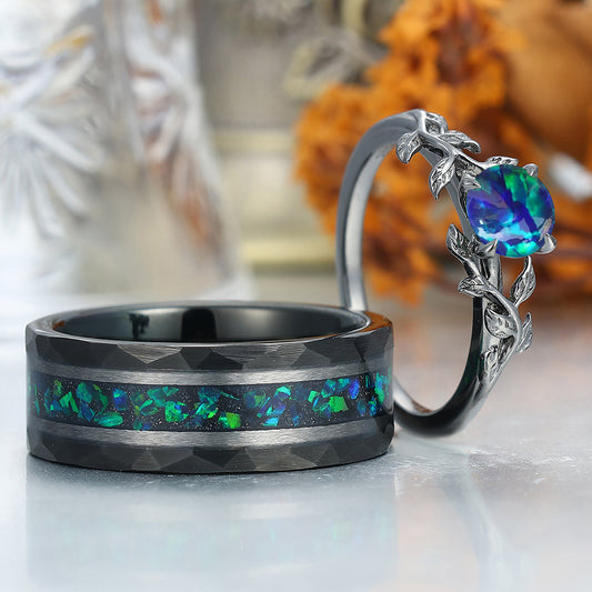 Leaf Design Peacock Green Opal Engagement Couples Ring Set S925 And Hammered Tungsten Ring