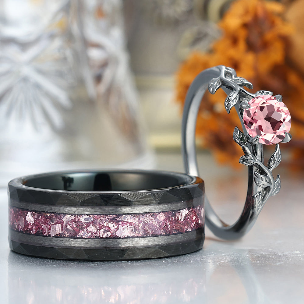 Solitaire Pink Morganite Prongs Engagement Couple Rings Matching Pink Tungsten Promise Wedding Bands