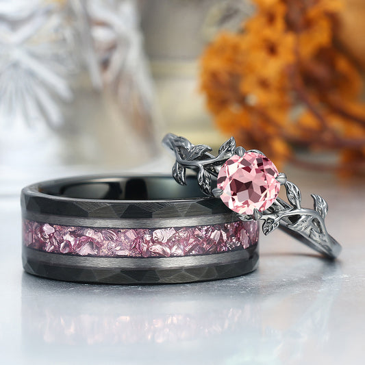 Solitaire Pink Morganite Prongs Engagement Couple Rings Matching Pink Tungsten Promise Wedding Bands