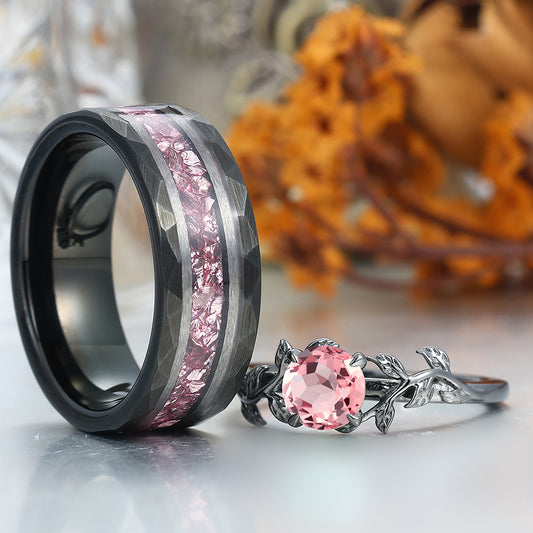 Solitaire Pink Morganite Prongs Engagement Couple Rings Matching Pink Tungsten Promise Wedding Bands
