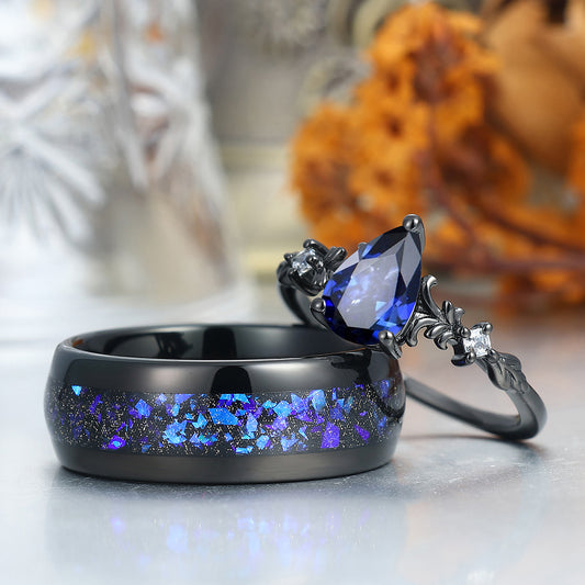 Dainty Pear Shape Sapphire Vine Engagement Couple Rings Marriage Ring Wedding Ring Set