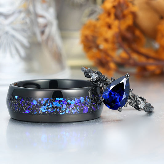 Dainty Pear Shape Sapphire Vine Engagement Couple Rings Marriage Ring Wedding Ring Set