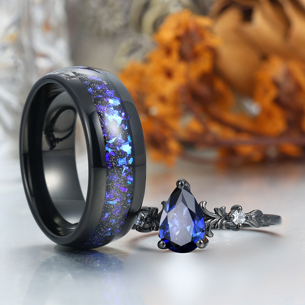 Dainty Pear Shape Sapphire Vine Engagement Couple Rings Marriage Ring Wedding Ring Set