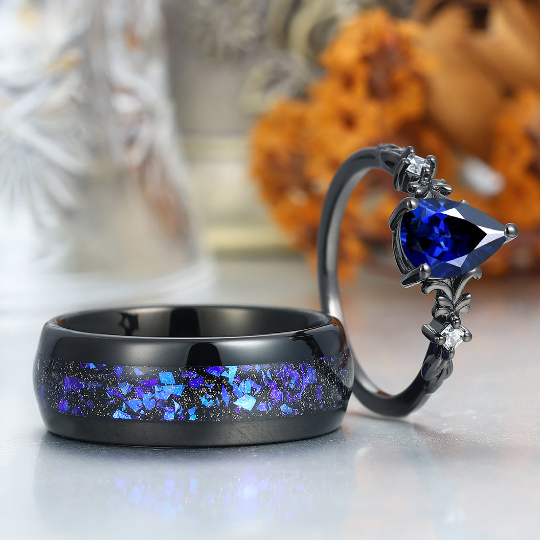 Dainty Pear Shape Sapphire Vine Engagement Couple Rings Marriage Ring Wedding Ring Set