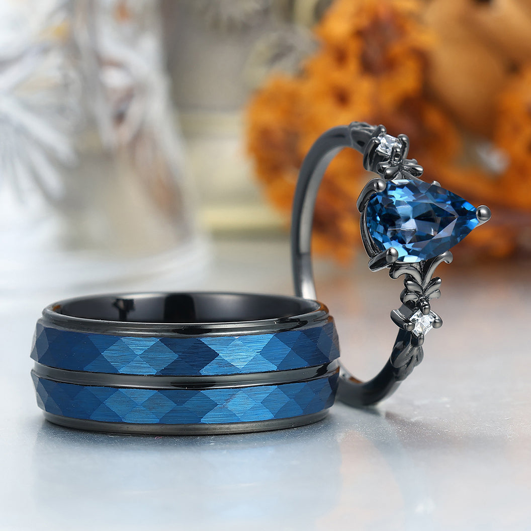 Pear Cut London Blue Topaz Couple Rings Promise Blue Anniversary His And Hers Wedding Band