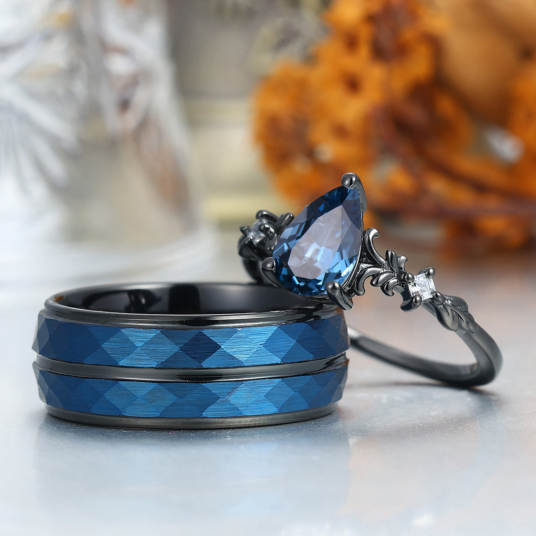 Pear Cut London Blue Topaz Couple Rings Promise Blue Anniversary His And Hers Wedding Band