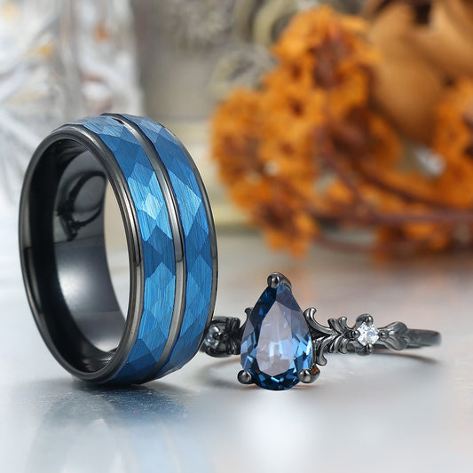 Pear Cut London Blue Topaz Couple Rings Promise Blue Anniversary His And Hers Wedding Band