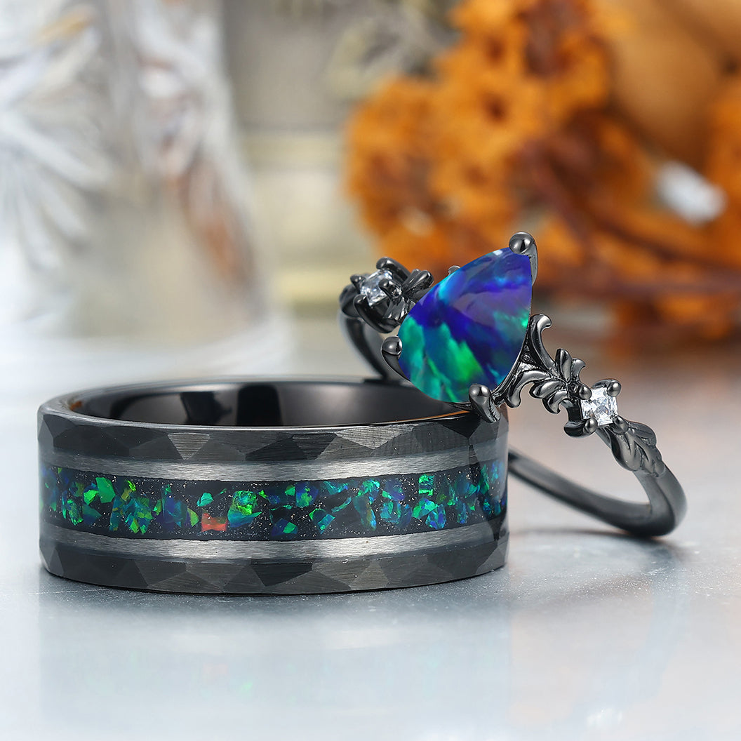 Alternative Filigreed Peacock Green Opal His And Hers Wedding Bands Promise Rings For Couples