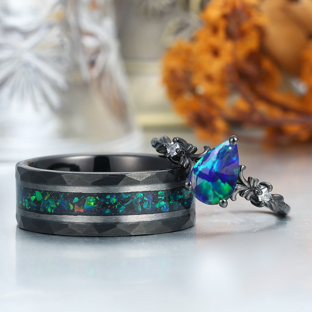 Alternative Filigreed Peacock Green Opal His And Hers Wedding Bands Promise Rings For Couples