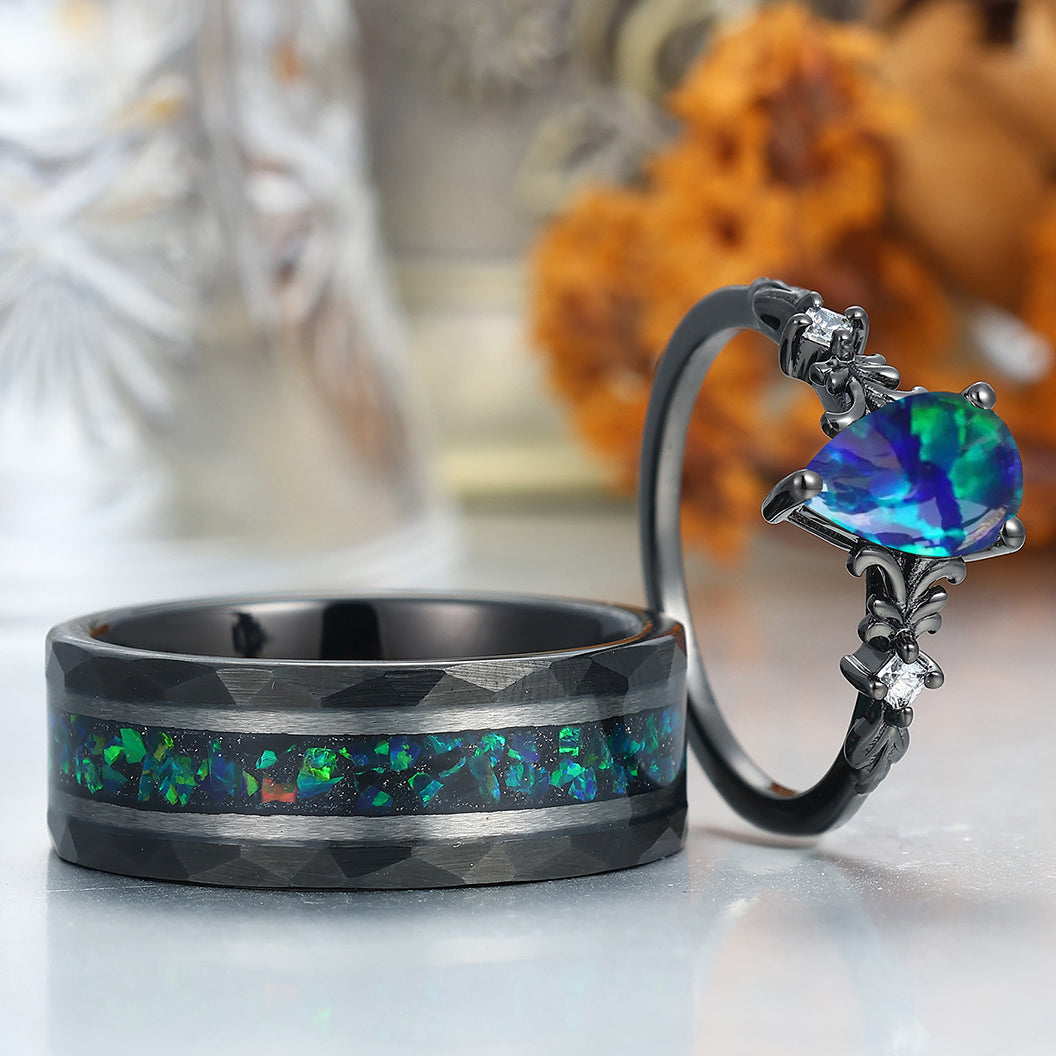 Alternative Filigreed Peacock Green Opal His And Hers Wedding Bands Promise Rings For Couples