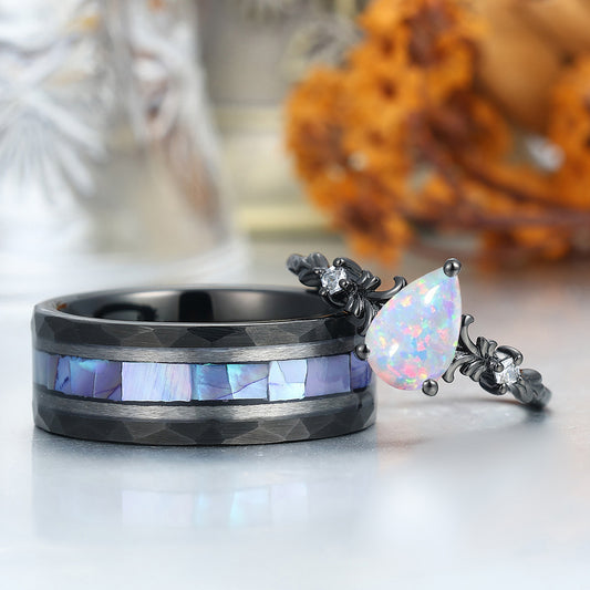 Gorgeous Pink White Opal Leaf Engagement Couple Rings Matching White Shell Inlay Tungsten Wedding Ring