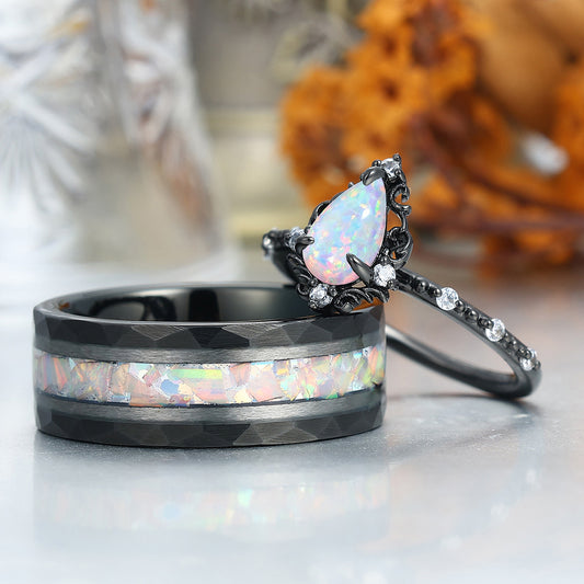 Romantic Pink White Opal Filigreed Engagement Couple Rings S925 And Tungsten His And Hers Wedding Band