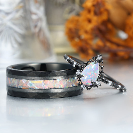 Romantic Pink White Opal Filigreed Engagement Couple Rings S925 And Tungsten His And Hers Wedding Band