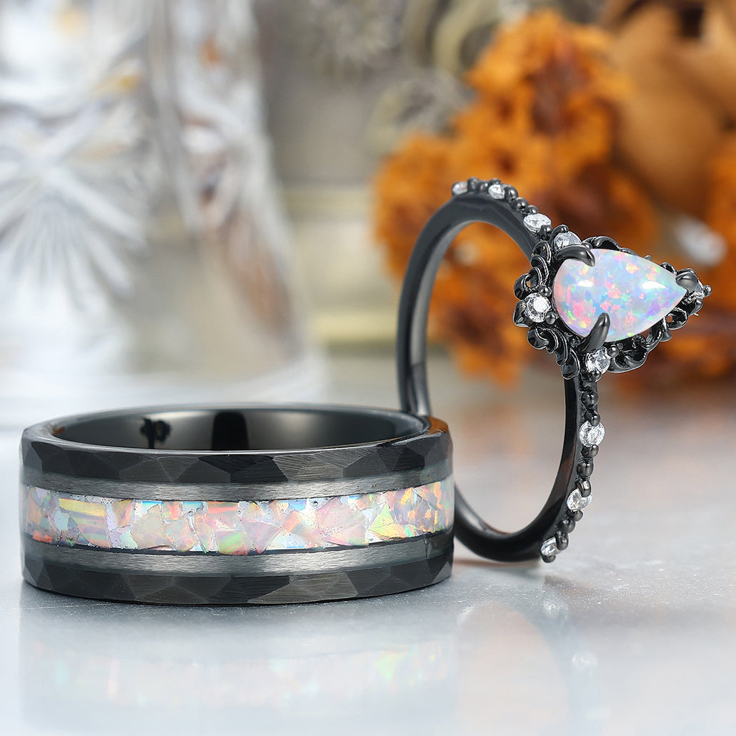 Romantic Pink White Opal Filigreed Engagement Couple Rings S925 And Tungsten His And Hers Wedding Band