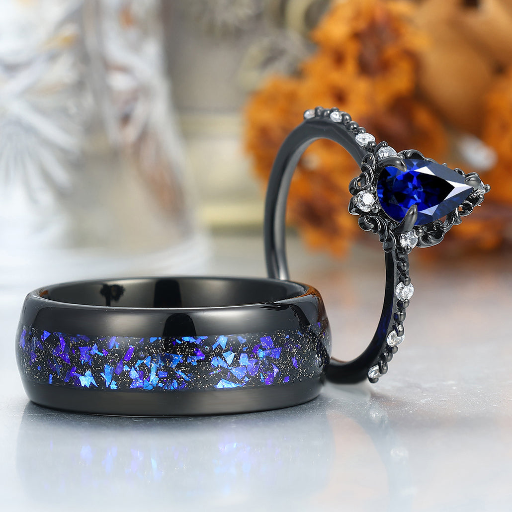Dainty Pear Cut Sapphire Engagement Couple Rings 925 Sterling Silver And Tungsten Matching Ring