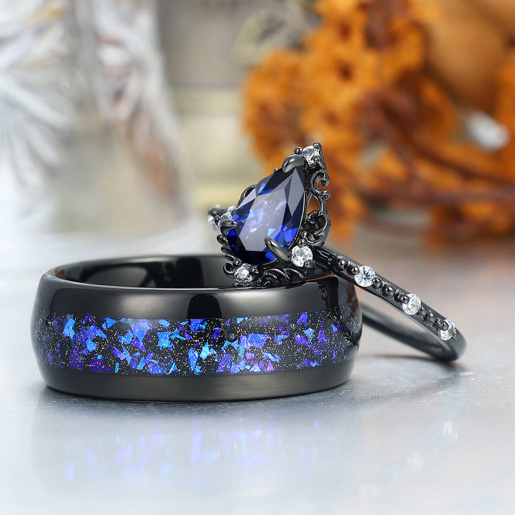 Dainty Pear Cut Sapphire Engagement Couple Rings 925 Sterling Silver And Tungsten Matching Ring