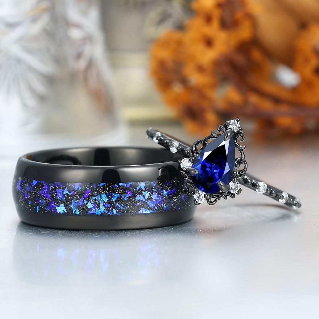 Dainty Pear Cut Sapphire Engagement Couple Rings 925 Sterling Silver And Tungsten Matching Ring