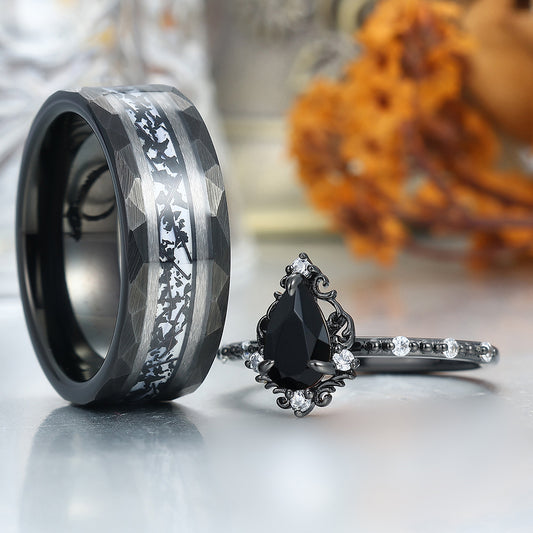 Filigreed Natural Black Onyx Engagement Rings For Couples Modern Hammered Anniversary Wedding Band