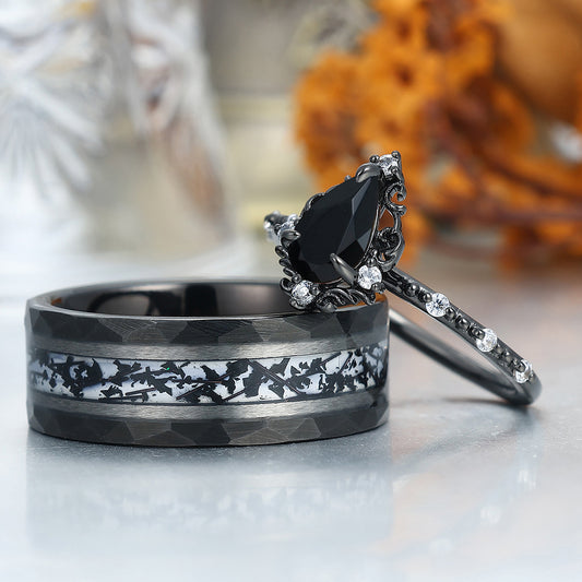 Filigreed Natural Black Onyx Engagement Rings For Couples Modern Hammered Anniversary Wedding Band