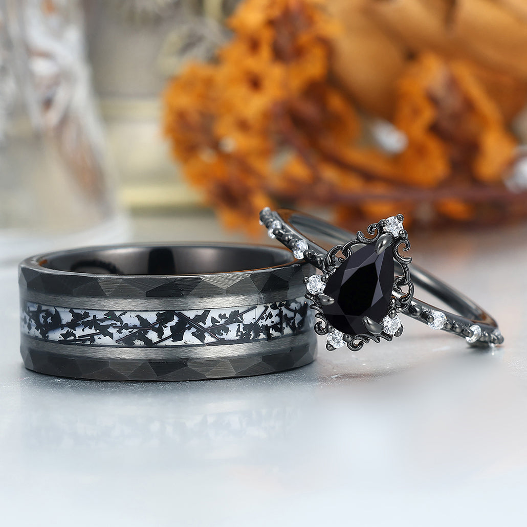 Filigreed Natural Black Onyx Engagement Rings For Couples Modern Hammered Anniversary Wedding Band