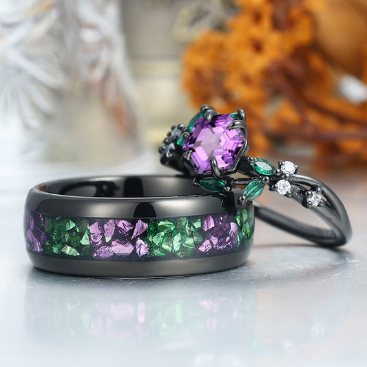 Dainty Natural Amethyst Leaves Twigs Engagement Couple Rings Promise Purple Tungsten Matching Ring