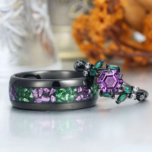 Dainty Natural Amethyst Leaves Twigs Engagement Couple Rings Promise Purple Tungsten Matching Ring