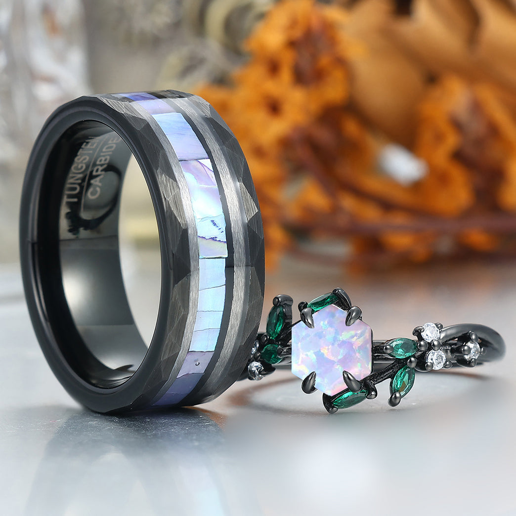 Delicate Pink White Opal Engagement Rings For Couples Personalized Anniversary Couples' Set