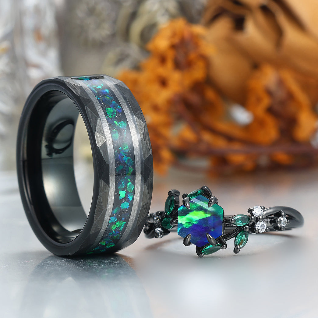 Exquisite Peacock Green Opal Engagement Couples Ring Promise Black Matching Wedding Bands Marriage Rings
