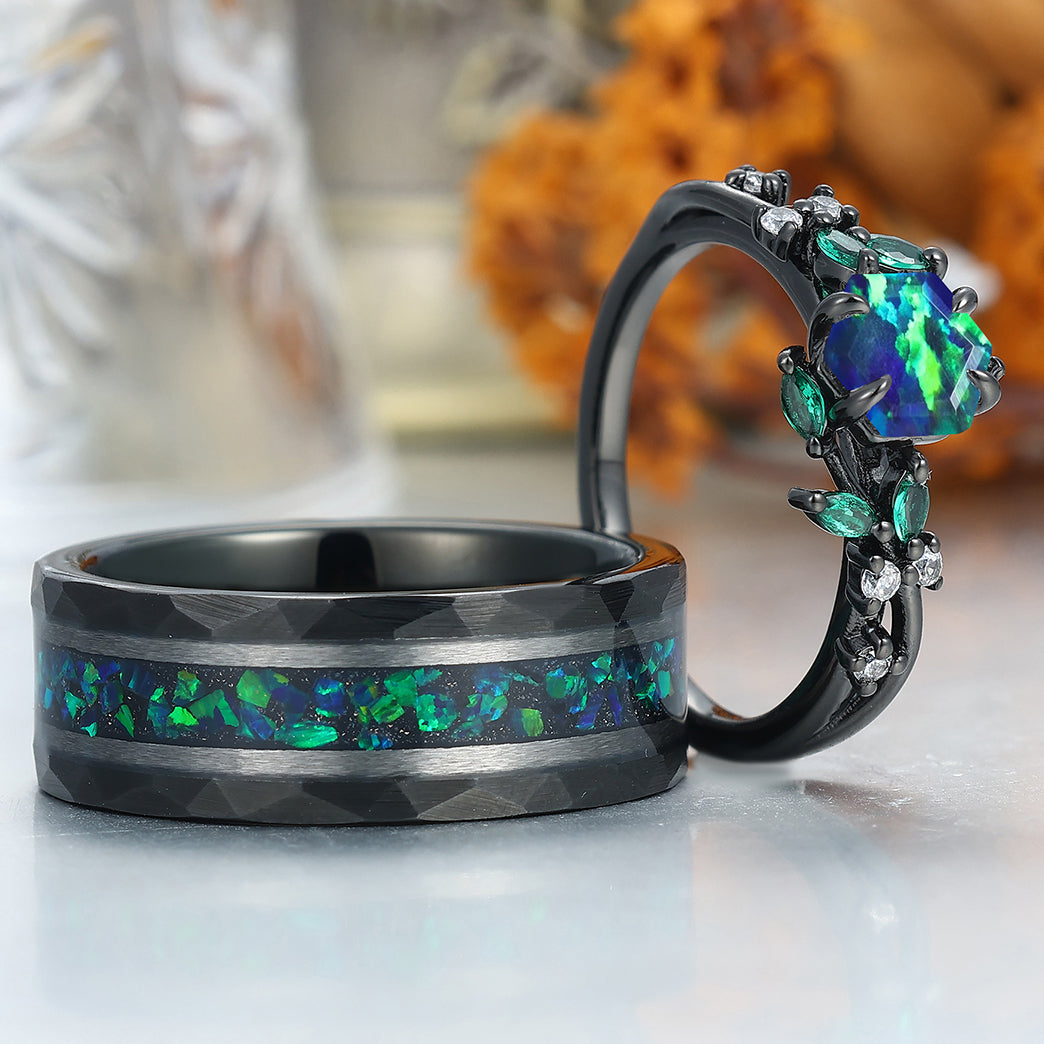 Exquisite Peacock Green Opal Engagement Couples Ring Promise Black Matching Wedding Bands Marriage Rings
