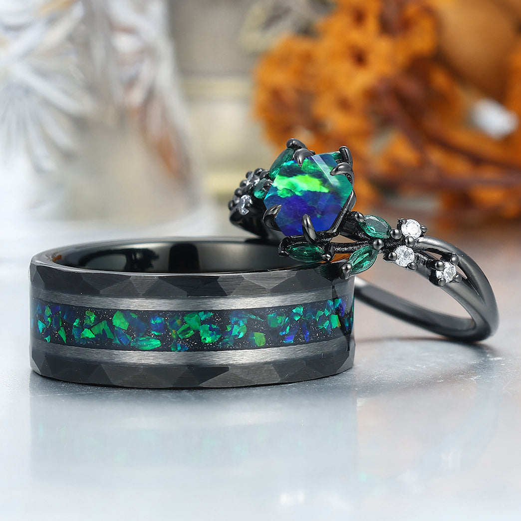 Exquisite Peacock Green Opal Engagement Couples Ring Promise Black Matching Wedding Bands Marriage Rings