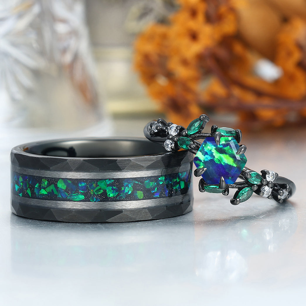 Exquisite Peacock Green Opal Engagement Couples Ring Promise Black Matching Wedding Bands Marriage Rings