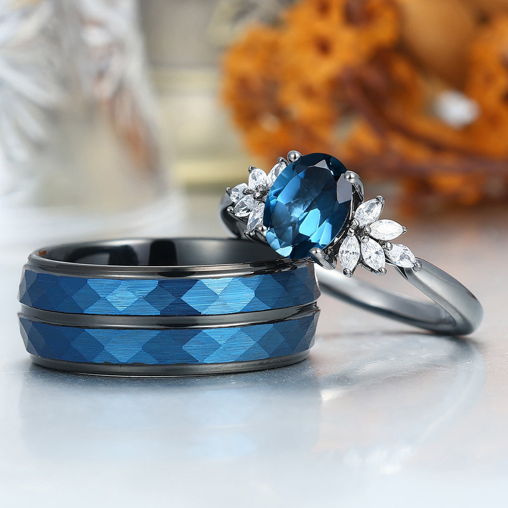 Exquisite London Blue Topaz Engagement Couple Rings Modern Blue Tungsten Hammered Wedding Band