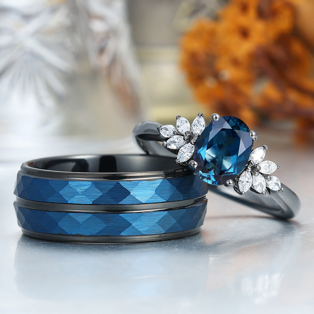Exquisite London Blue Topaz Engagement Couple Rings Modern Blue Tungsten Hammered Wedding Band
