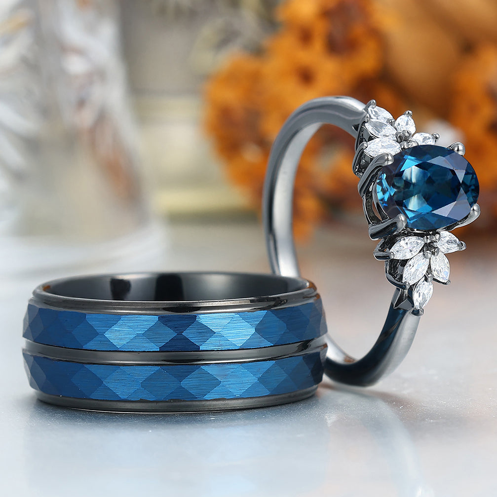 Exquisite London Blue Topaz Engagement Couple Rings Modern Blue Tungsten Hammered Wedding Band