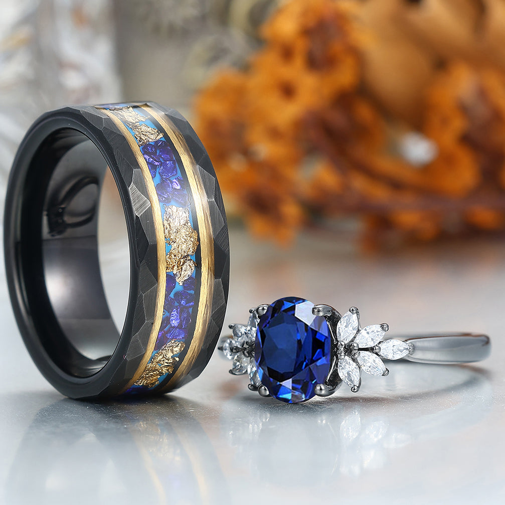 Oval Cut Sapphire Petal Design Couple Rings Promise Black Plated His And Hers Wedding Band
