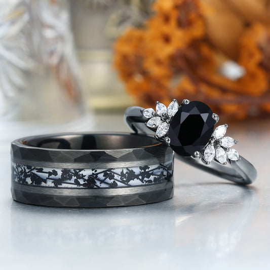 Gorgeous Natural Black Onyx Engagement Rings For Couples Black Tungsten Anniversary Wedding Band