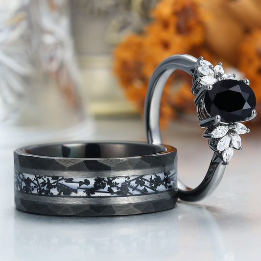 Gorgeous Natural Black Onyx Engagement Rings For Couples Black Tungsten Anniversary Wedding Band