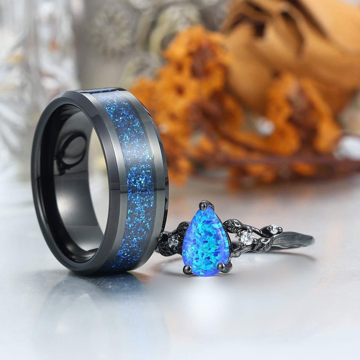 Exquisite Blue Opal Stem Design Engagement Couple Rings Personalized Blue Couples' Set
