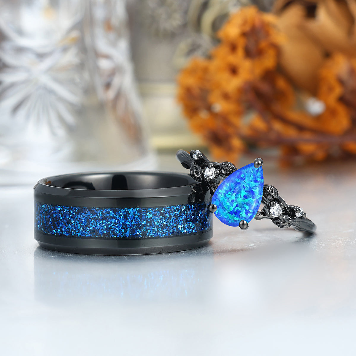 Exquisite Blue Opal Stem Design Engagement Couple Rings Personalized Blue Couples' Set