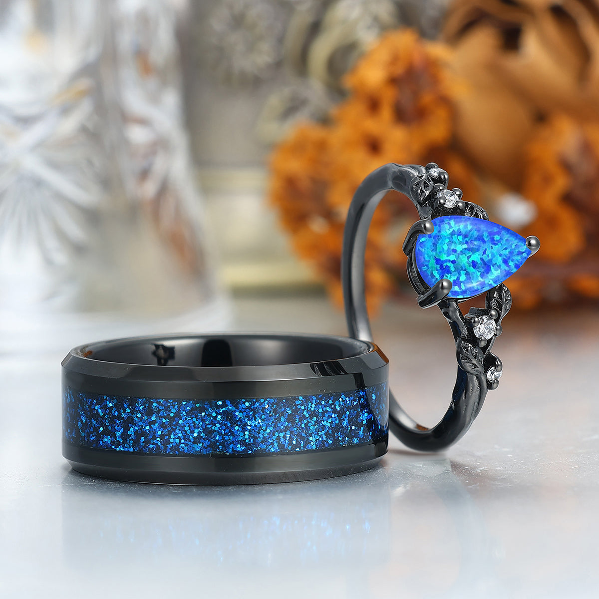 Exquisite Blue Opal Stem Design Engagement Couple Rings Personalized Blue Couples' Set