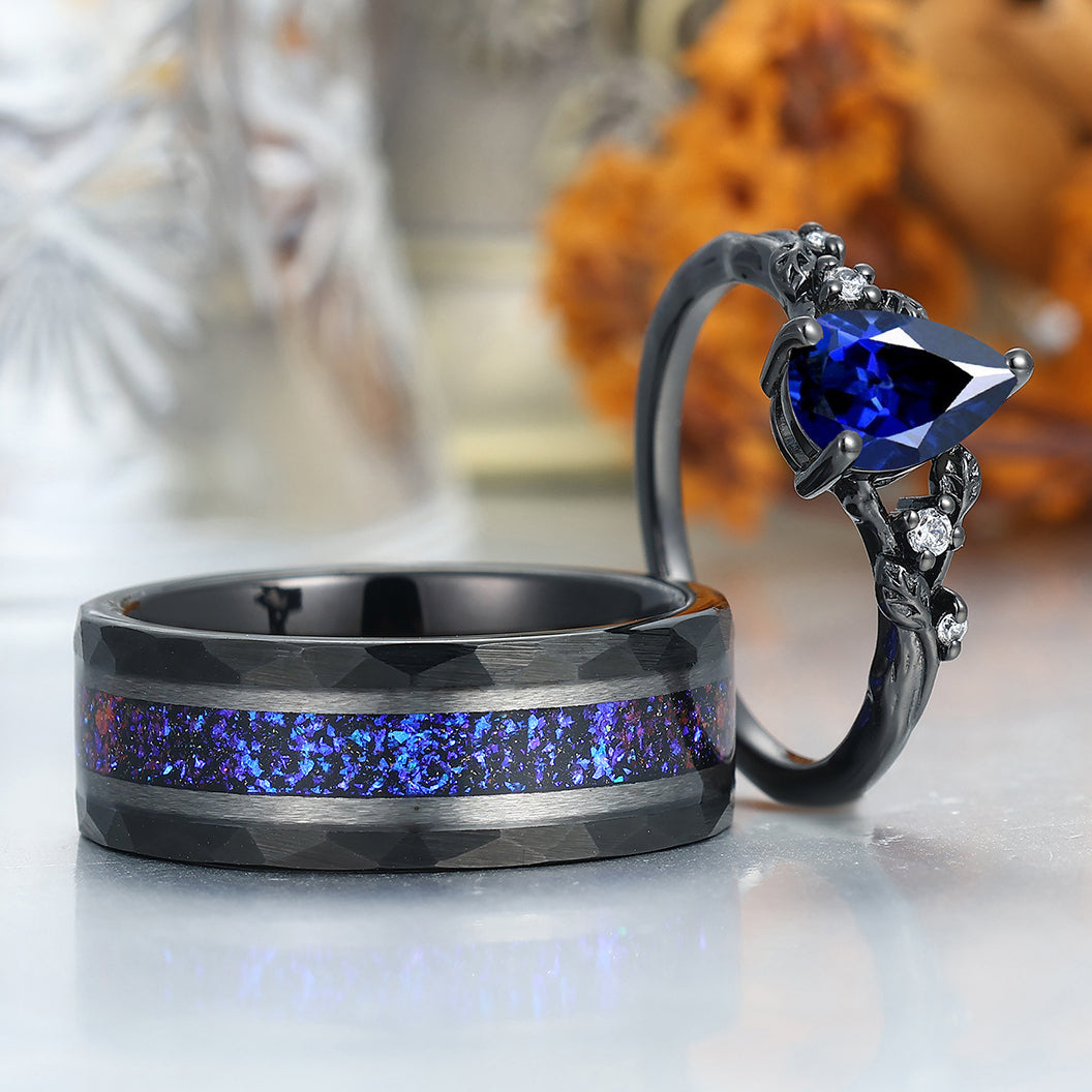 Gorgeous Sapphire Branch Leaf Engagement Couple Rings Hammered Promise Tungsten Wedding Rings