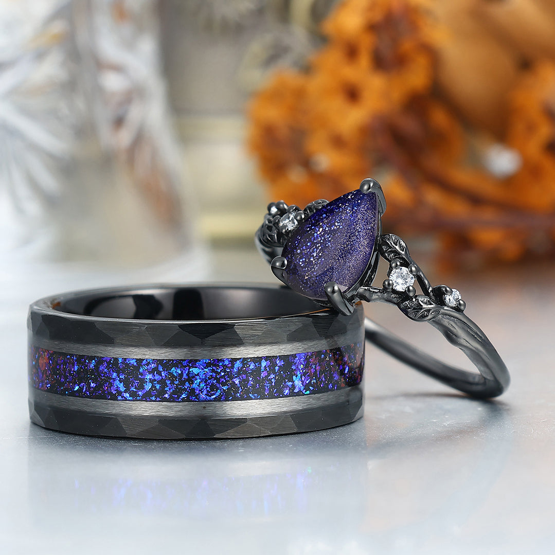Aglisten Pear Shape Galaxy Sandstone Couple Rings 925 Sterling Silver And Tungsten Matching Ring