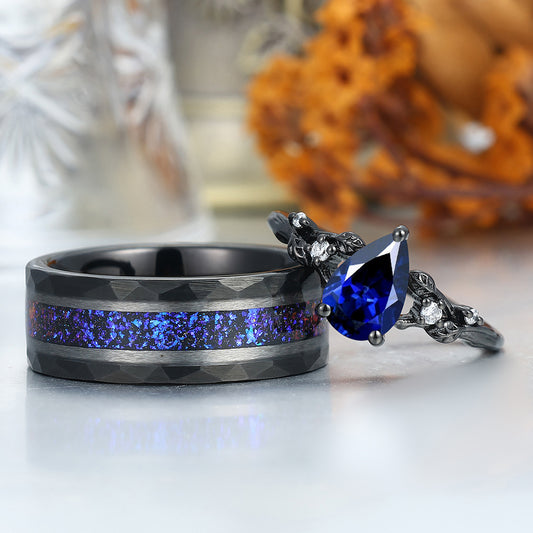 Gorgeous Sapphire Branch Leaf Engagement Couple Rings Hammered Promise Tungsten Wedding Rings