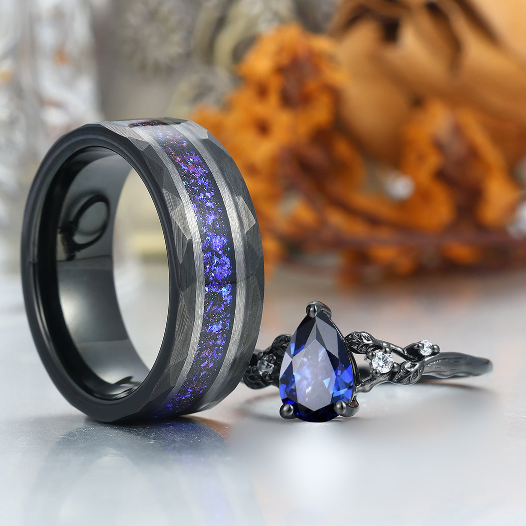 Gorgeous Sapphire Branch Leaf Engagement Couple Rings Hammered Promise Tungsten Wedding Rings