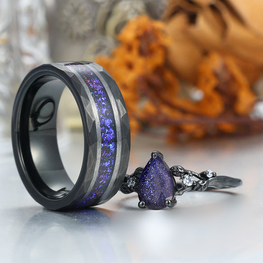 Aglisten Pear Shape Galaxy Sandstone Couple Rings 925 Sterling Silver And Tungsten Matching Ring
