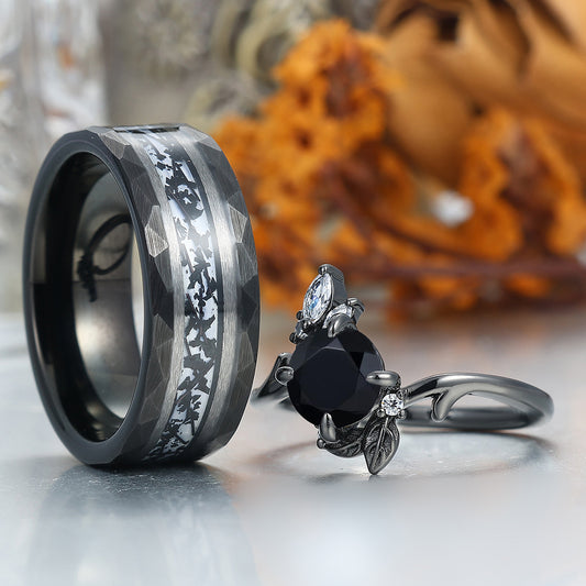 Art Deco Black Onyx Twig Engagement Couple Rings Unique S925 And Tungsten Marriage Ring