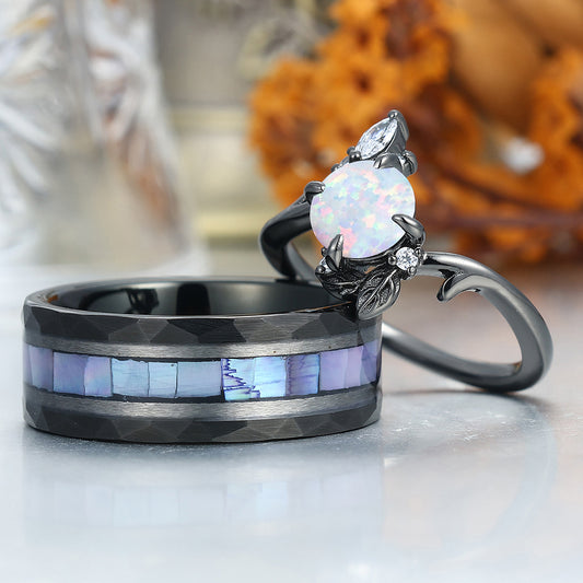 Blooming Flower Design Pink White Opal Couple Rings Matching Hammered Tungsten Promise Band