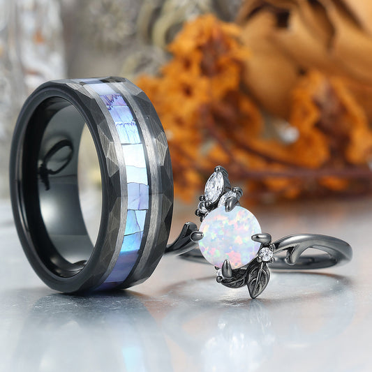 Blooming Flower Design Pink White Opal Couple Rings Matching Hammered Tungsten Promise Band