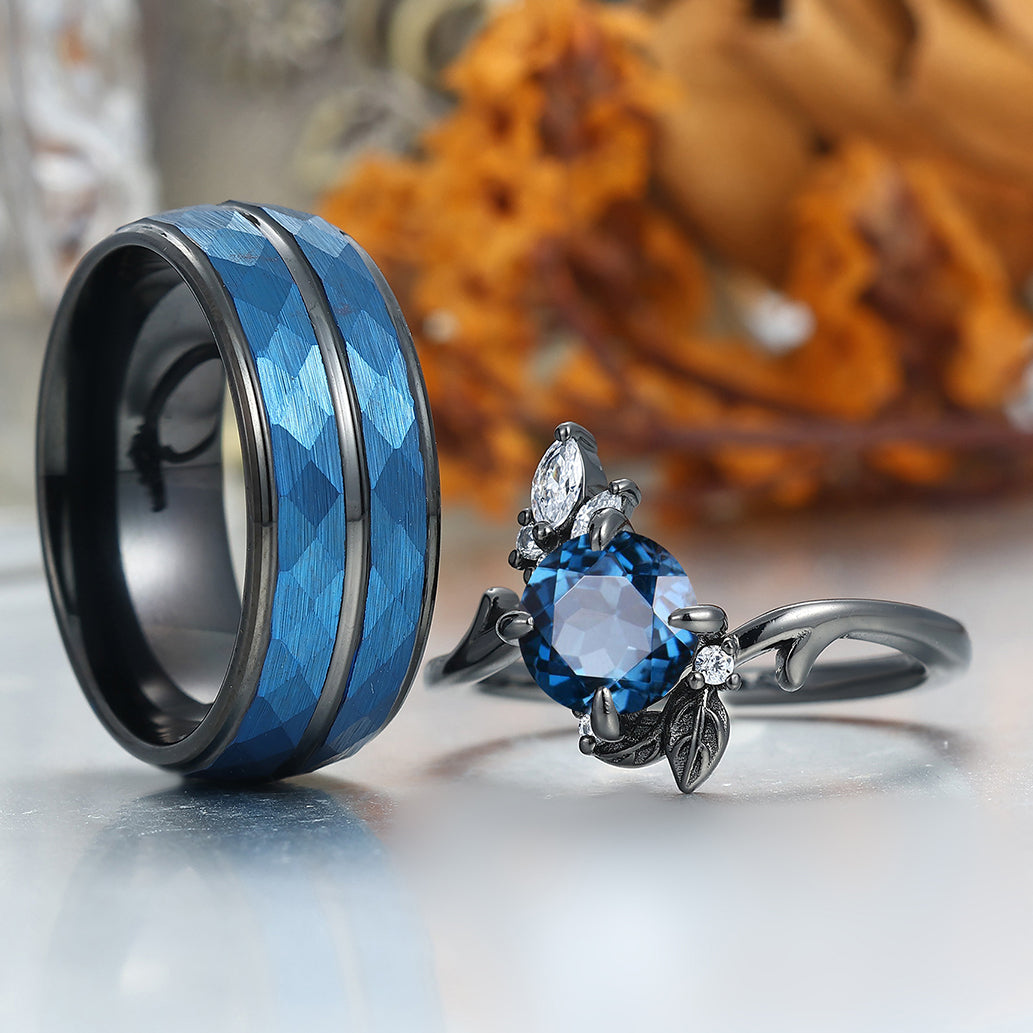 Dainty London Blue Topaz Engagement Couple Rings Blue Personalized Couples' Set Marriage Ring